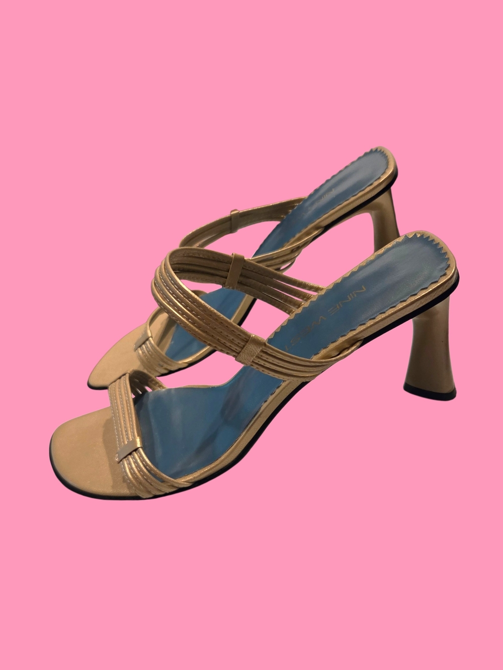 Nine West Gold Strappy Heeled Sandals with Blue Footbed